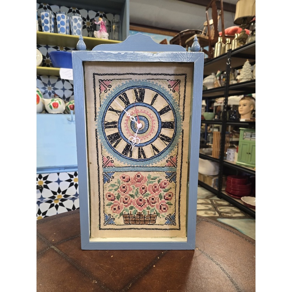 Hand‎ Embroidered Clock Cross Stitch Wood Framed Folk Art, 1968